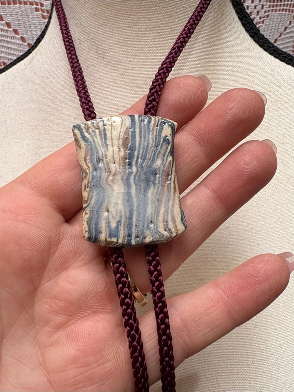 Vintage Ceramic Slide Tassel Necklace Boho Cord Necklace - Picture 8 of 8